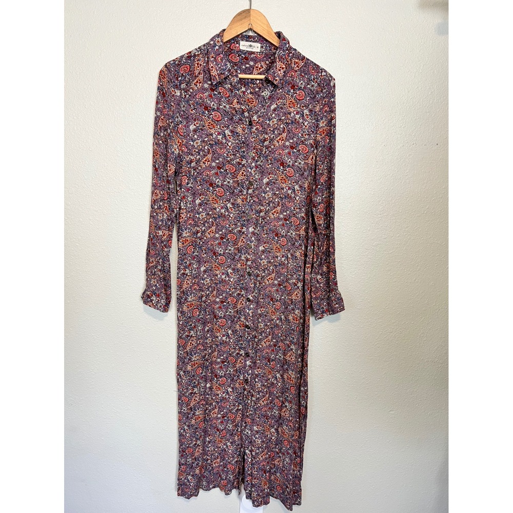 Natural Life Womens Purple Paisley Floral Rayon Button Down Maxi Shirt Dress M